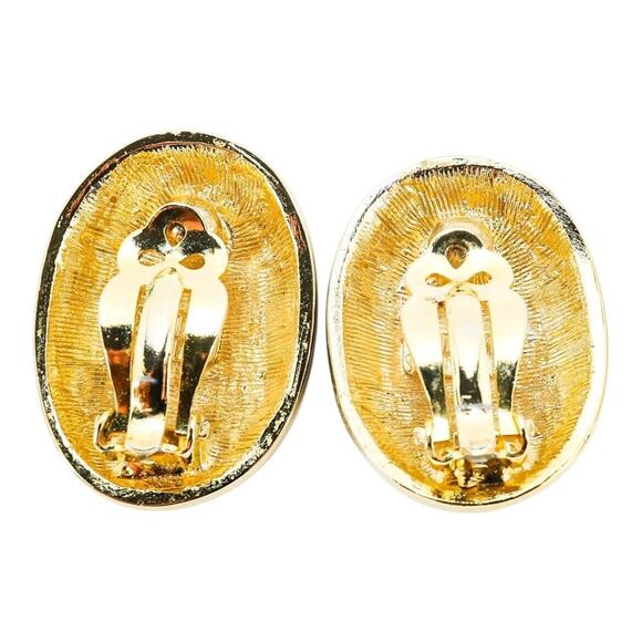 Vintage Donald Stannard Goldtone Cream Navy Enamel Clip On Earrings 90s 1 1/4 In - Picture 5 of 6